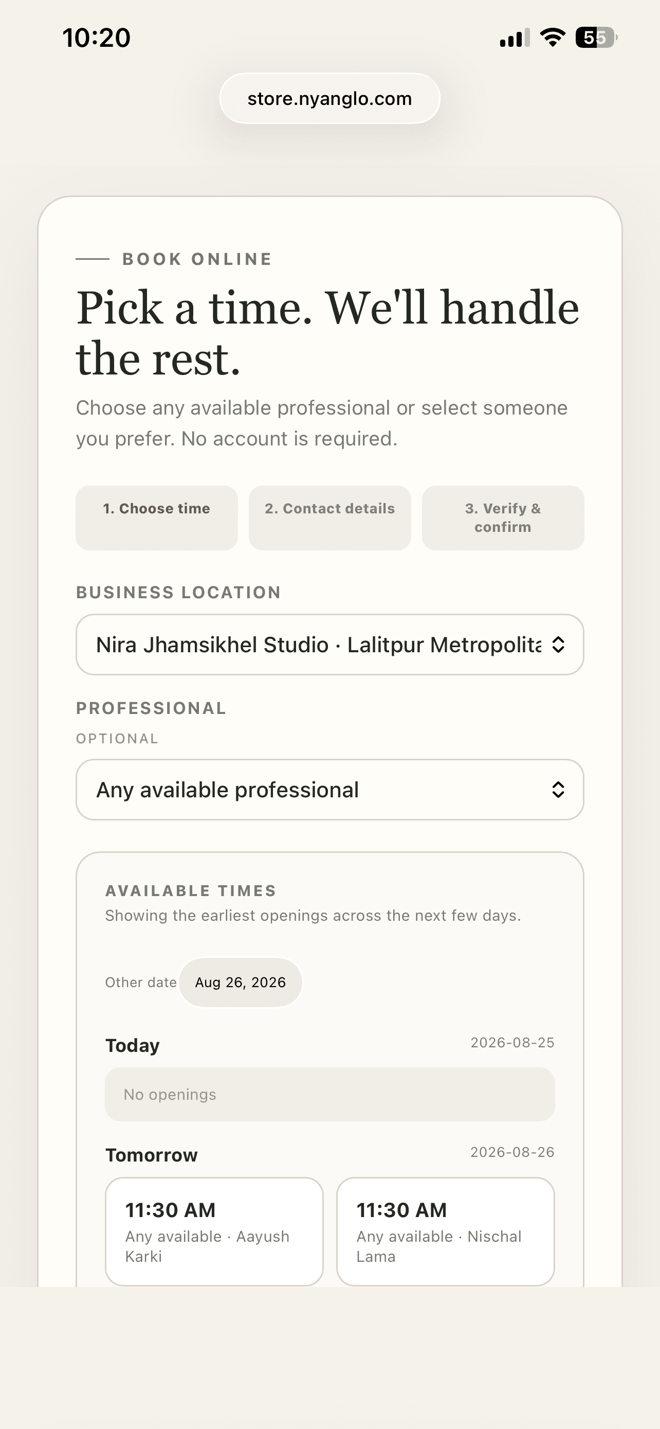 Mobile booking page showing earliest available service times