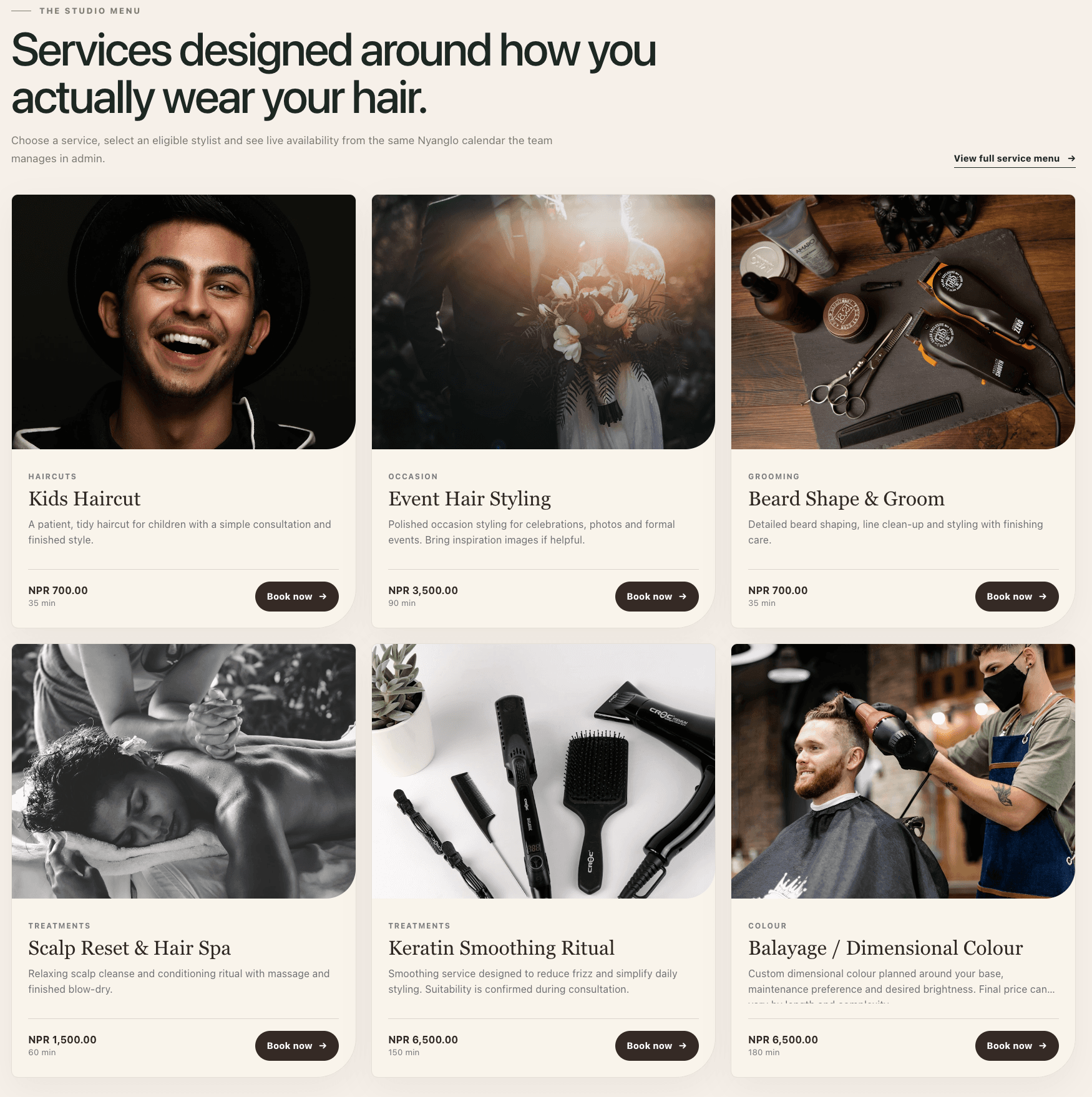 Bookable service catalog in a Nyanglo storefront